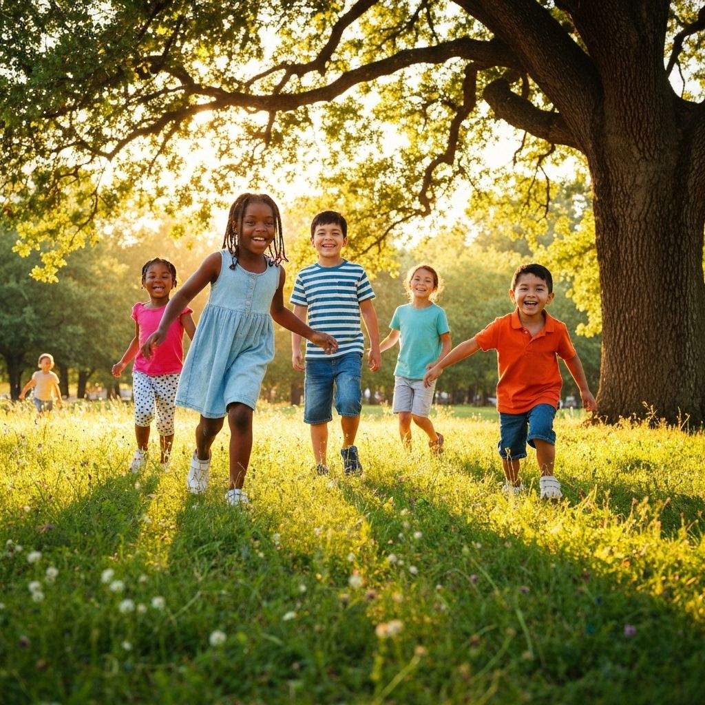 Happy diverse children of all ethnicities smiling and looking towards the bright sun